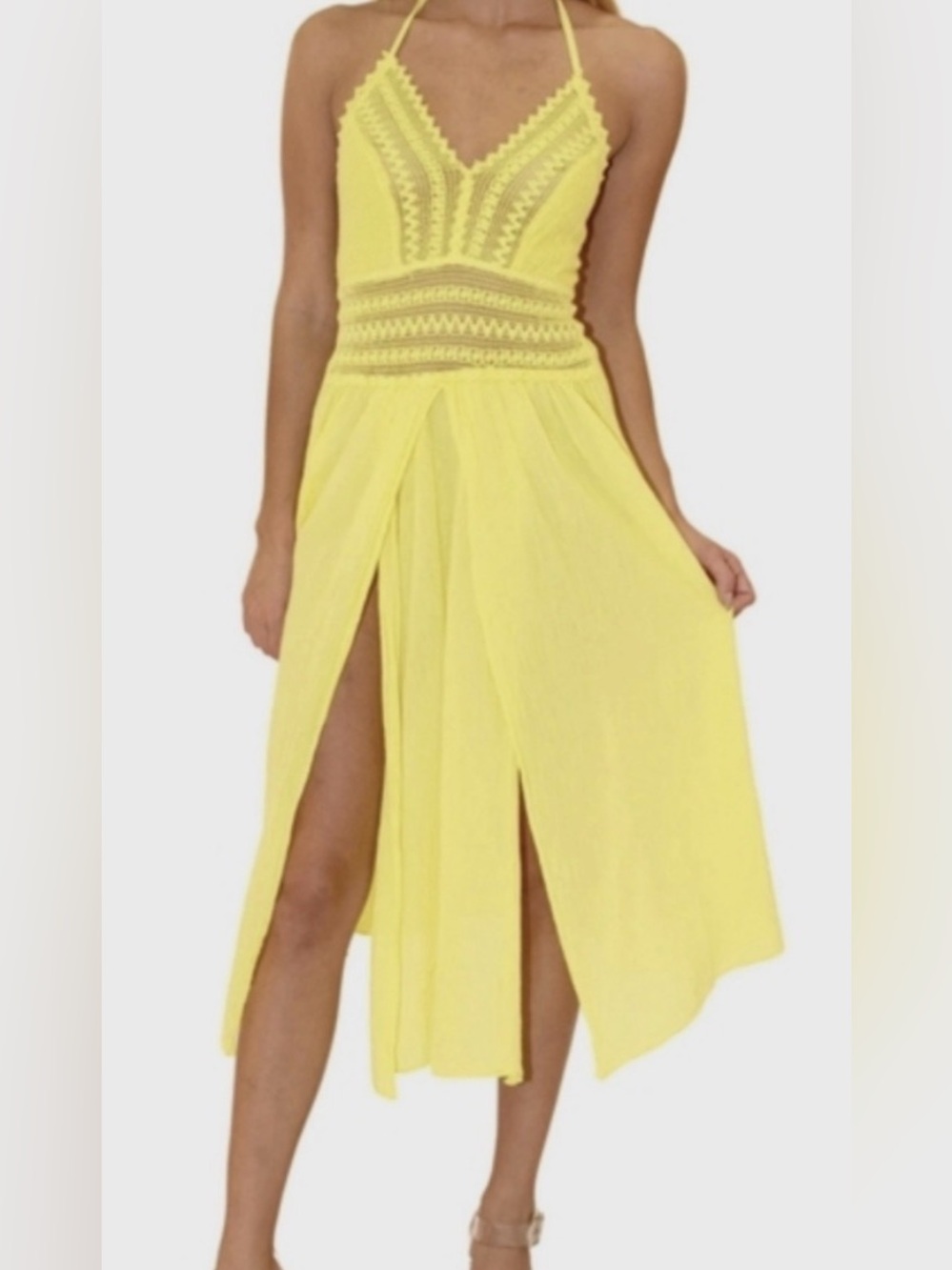 Sea Spice Yellow Crochet Halter Maxi Dress 100% Peruvian Cotton S